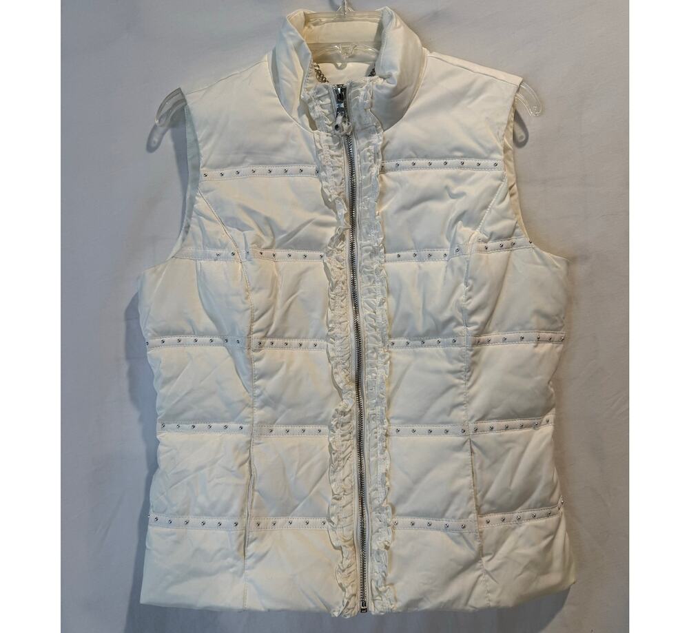 Women's WHBM studded ruffle puffer vest sleeveless quilted vest medium white